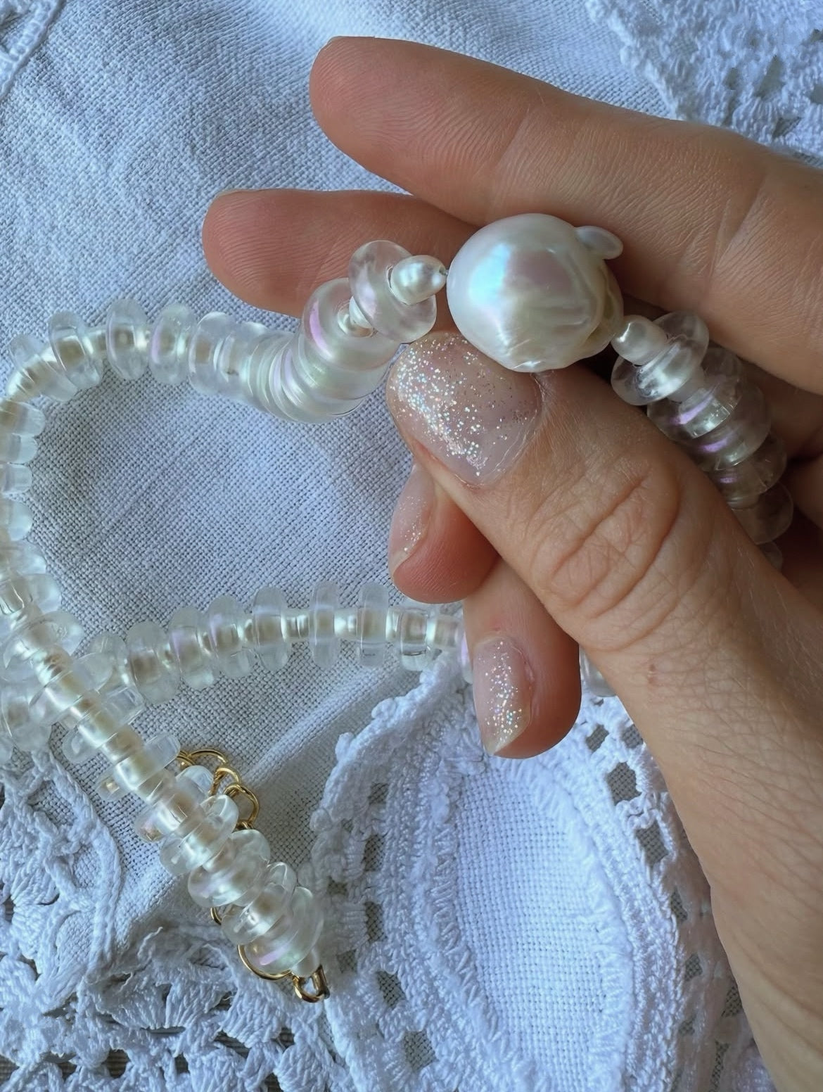 Rondelle Wave Necklace / Clear*Pearl