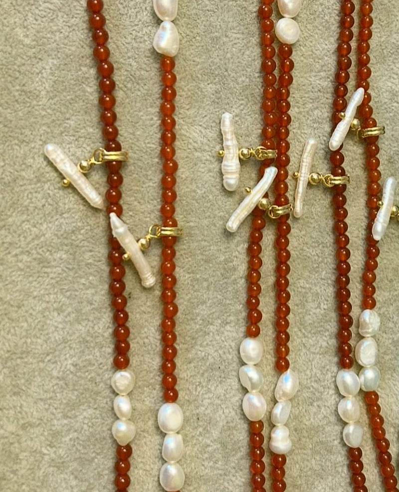 Pearl T Bar Necklace / Red Agate