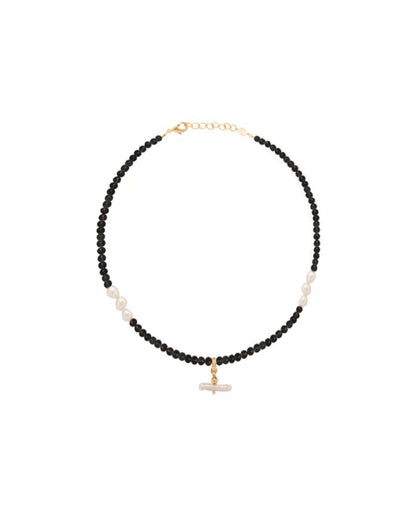 Pearl T Bar Necklace / Black Onyx