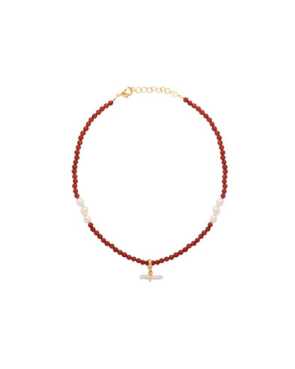 Pearl T Bar Necklace / Red Agate