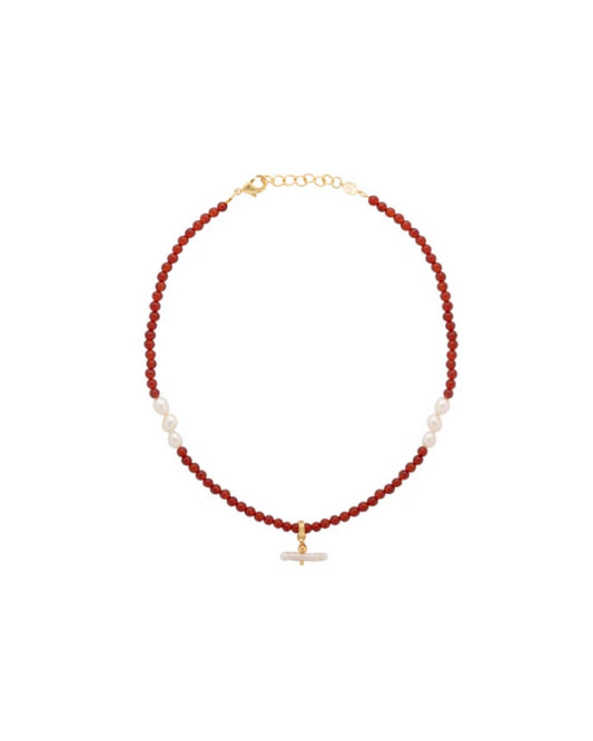 Pearl T Bar Necklace / Red Agate