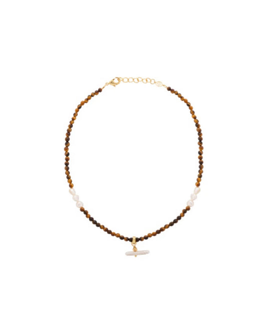 Pearl T Bar Necklace / Tiger Eye