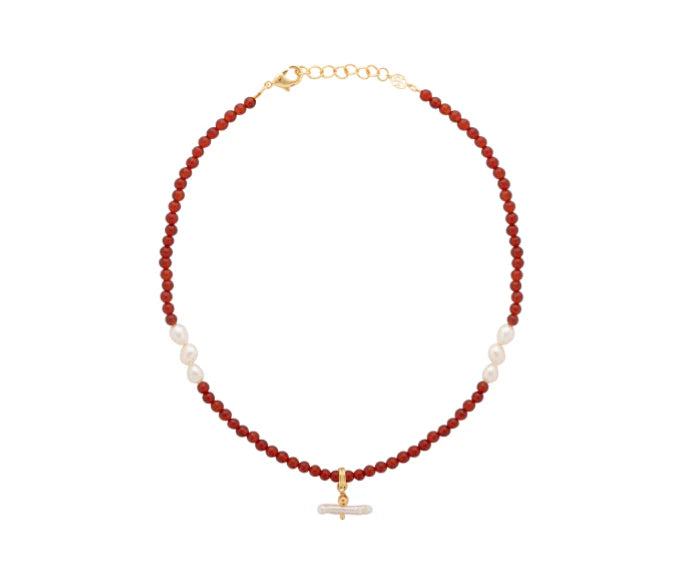 Pearl T Bar Necklace / Red Agate