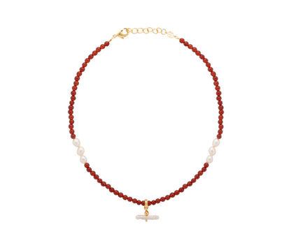 Pearl T Bar Necklace / Red Agate