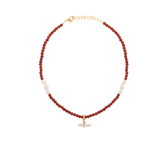 Pearl T Bar Necklace / Red Agate