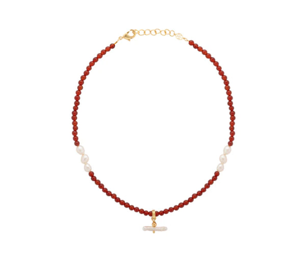 Pearl T Bar Necklace / Red Agate