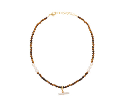 Pearl T Bar Necklace / Tiger Eye